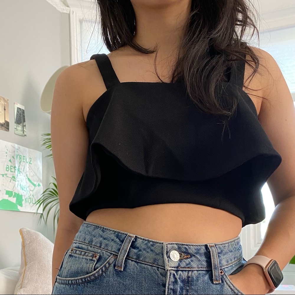 Structured Black Statement Ruffle Crop Top